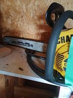 Close view of 16" Oregon Double Guard 91 bar attached to chainsaw