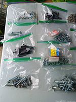 Multiple bags of screws, anchors, nuts laid out
