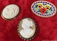 Front view of all three brooches showing designs and materials