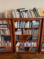 Two wooden bookcases filled with assorted hardcover and softcover books across five shelves plus top row