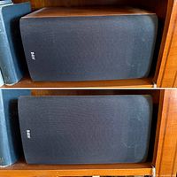 Front view of one DM601 S3 speaker on shelf with grille attached