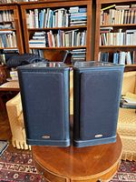 Front view of both Tannoy 632 bookshelf speakers with grills on