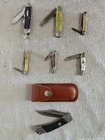 All seven items laid out: five small pocket knives, Sharp lockback knife and leather sheath