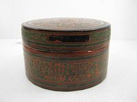 Front view of cylindrical lacquer betel nut box