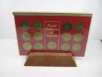 front view of framed Floral Emblems of Canada medallion set on wooden base