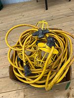 Coiled yellow string lights with cages in box