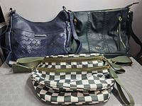 All three bags front view: navy Rosetti shoulder, forest green Rosetti hobo, green/white Emmafy crossbody