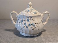 Front view of covered sugar bowl showing handles, ribbed body and floral pattern