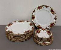 Stacks of dinner plates and saucers showing pattern and counts