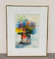 Full view of framed watercolor painting showing subject, mat and frame