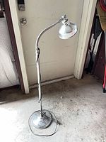 Full view of silver metal gooseneck floor lamp showing base, pole, flexible neck, and shade