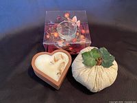 Heart candle, fabric pumpkin, boxed votive with berry wreath