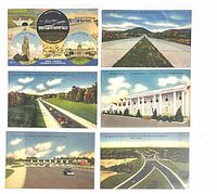 Front views of six vintage highway-themed postcards