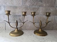 Front view of both brass 2-arm candelabra showing overall design and patina