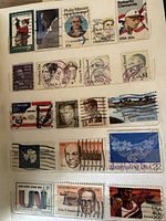 US stamps page with Roberto Clemente 20¢, Philip Mazzei 40¢, Airmail issues, Flag series, UN 21¢, etc.