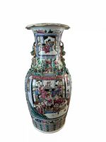 Full view of famille rose porcelain vase with figural and floral decoration