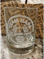 Single glass showing Team NAPA The Driving Force etched logo