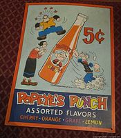Front of embossed tin sign displaying Popeye, Olive Oyl, bottle image, flavor list and 5¢ price