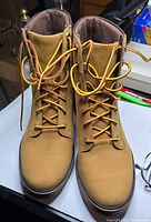 Front top view of both boots showing laces and toe condition