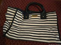 Full exterior view showing striped canvas, leather trim, overall shape