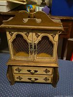 Front view closed showing mesh doors, drawers, hardware