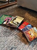 Overview of all eight books laid out on carpet