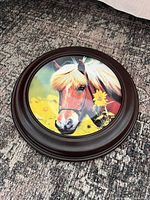 Front view of ceramic wall plate inside wooden frame