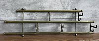 Front view of brass coat rack showing two rails and swiveling hooks