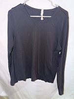 Full front view of black long sleeve top on hanger