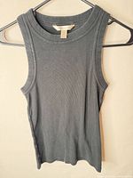 Front view of charcoal ribbed tank top on hanger