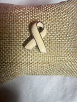 front view of cream awareness ribbon enamel lapel pin on cushion