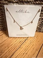 Front view of sealed Ettika necklace package showing chain and pendant