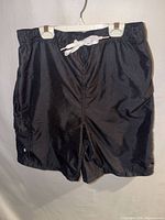 Front view of black Disney Parks swim trunks on hanger