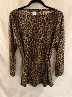 Front view of leopard print long sleeve dress on hanger