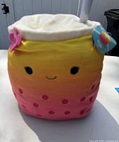 Front view of Bergit Squishmallows plush showing overall appearance, colors, straw and hang tag