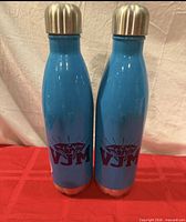 Front view of both blue stainless water bottles with VJM logo and caps attached