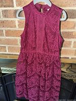 Front view of burgundy lace sleeveless fit & flare dress on hanger