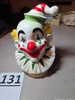 Front view of ceramic clown music box showing painted details
