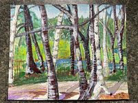 Front view of entire painting depicting birch tree landscape