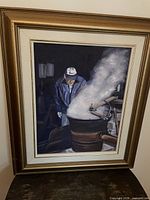 Full view of framed painting showing industrial scene