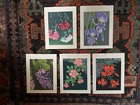All five flower prints laid out on rug