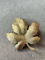 front view of gold tone metal leaf brooch showing texture and shape