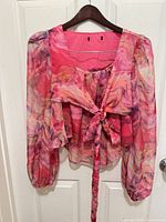 Front view of crop blouse on hanger showing tie front, long sleeves, pattern