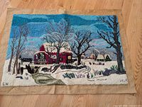 Full view of hand-hooked winter scene rug showing design, size and burlap border
