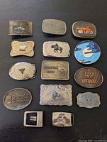 Group shot of all 14 belt buckles laid out