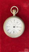 Front view of pocket watch showing dial and hands