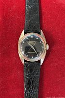 Front view showing entire watch with strap on red background