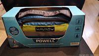 Front of retail box showing Havasu Watersports Powell belt-pack PFD