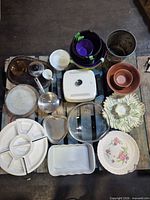 overall view of assorted serveware, cookware and bakeware on pallet