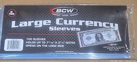 Front view of sealed BCW Large Currency Sleeves pack showing branding and product details